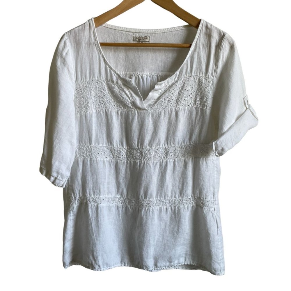 Lina Tomei Linen Top White Eyelet Lace  3/4 Tab Sleeve Made Italy Womens